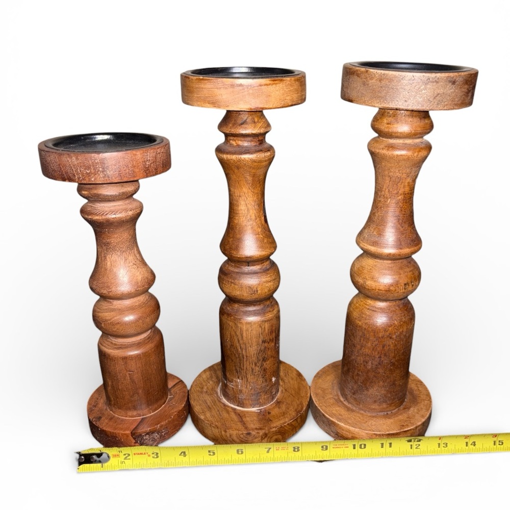 Set of 3 Wooden Pillar Candle Holders Decorative Brown Natural Finish decor - Picture 7 of 7